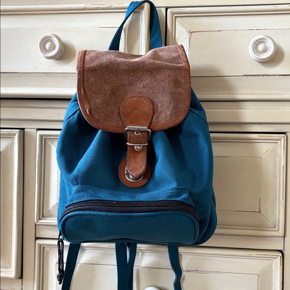Iconic 90s Vintage Baby Backpack Mini Backpack Teal Canvas and Tan Suede RARE